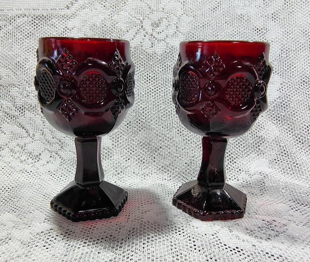 Avon Ruby Red 1876 Cape Cod Wine Glasses, Goblets, Set of 2, 4 5/8" Tall Vintage